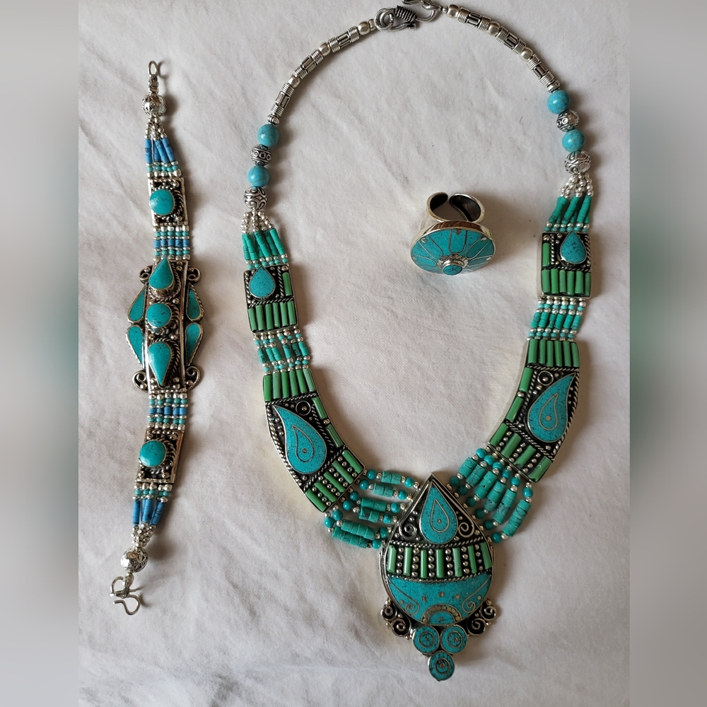 Tibetan Turquoise Necklace Bracelet Ring Set